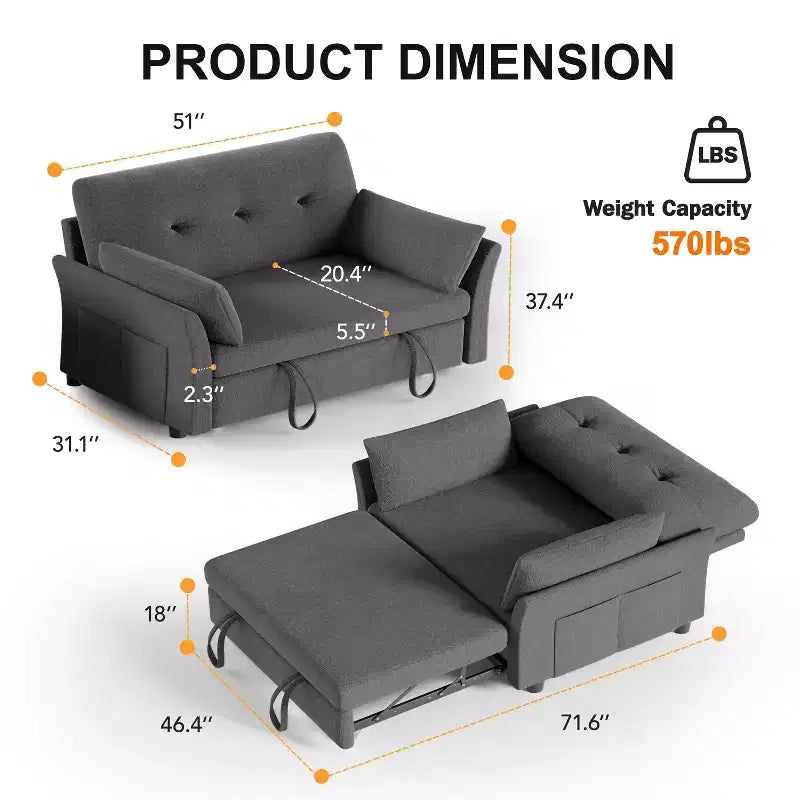 51" Sleeper Sofa Bed Couch with Side Pocket, Small 2 in 1 Convertible Loveseat Sleeper Couch for Apartment, Bedroom and Small Space