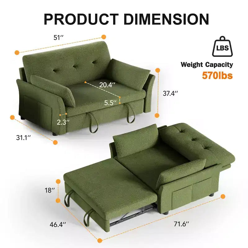 51" Sleeper Sofa Bed Couch with Side Pocket, Small 2 in 1 Convertible Loveseat Sleeper Couch for Apartment, Bedroom and Small Space