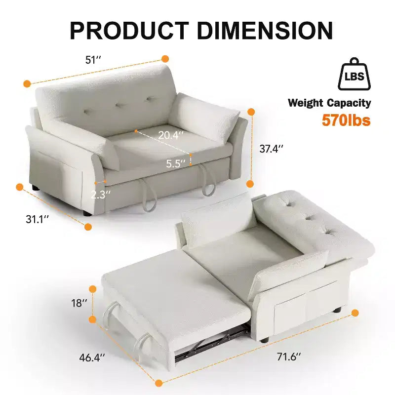 51" Sleeper Sofa Bed Couch with Side Pocket, Small 2 in 1 Convertible Loveseat Sleeper Couch for Apartment, Bedroom and Small Space