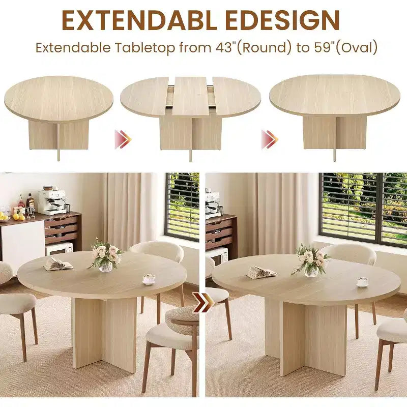 43.3''-59'' Extendable Round Dining Table for 4-8, Modern Kitchen Oval Dining Table with Removable Leaves, Dinner Table for Dining Room, Kitchen