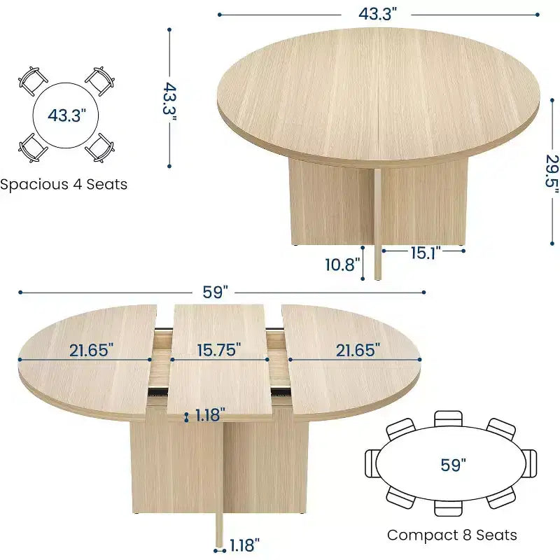43.3''-59'' Extendable Round Dining Table for 4-8, Modern Kitchen Oval Dining Table with Removable Leaves, Dinner Table for Dining Room, Kitchen