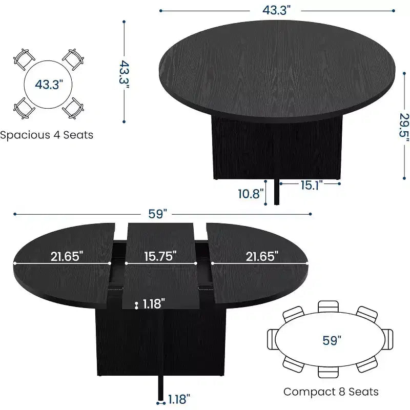 43.3''-59'' Extendable Round Dining Table for 4-8, Modern Kitchen Oval Dining Table with Removable Leaves, Dinner Table for Dining Room, Kitchen