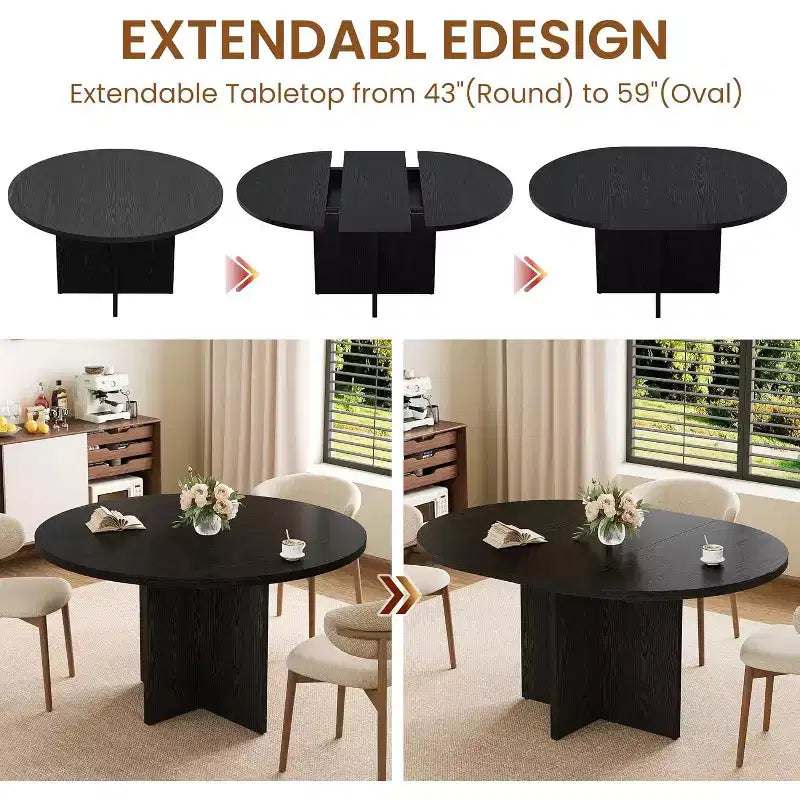 43.3''-59'' Extendable Round Dining Table for 4-8, Modern Kitchen Oval Dining Table with Removable Leaves, Dinner Table for Dining Room, Kitchen