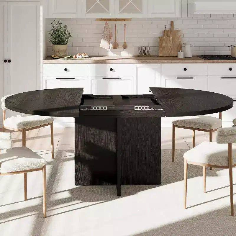 43.3''-59'' Extendable Round Dining Table for 4-8, Modern Kitchen Oval Dining Table with Removable Leaves, Dinner Table for Dining Room, Kitchen