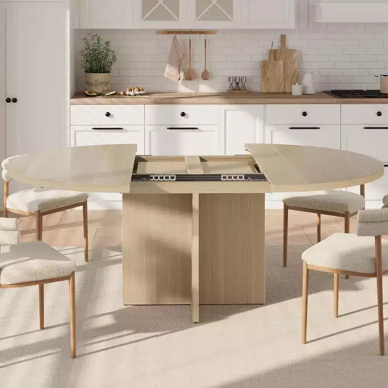 43.3''-59'' Extendable Round Dining Table for 4-8, Modern Kitchen Oval Dining Table with Removable Leaves, Dinner Table for Dining Room, Kitchen