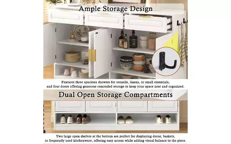 Farmhouse Sideboard Cabinet with 3 Drawers & 4 Doors, Multi-Functional Storage Buffet Cabinet with Adjustable Shelf, Kitchen Pantry Cabinet