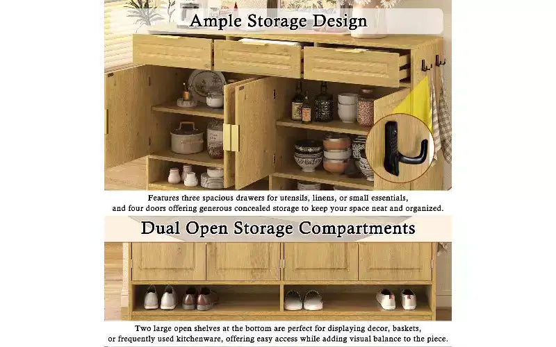 Farmhouse Sideboard Cabinet with 3 Drawers & 4 Doors, Multi-Functional Storage Buffet Cabinet with Adjustable Shelf, Kitchen Pantry Cabinet
