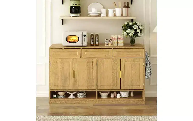 Farmhouse Sideboard Cabinet with 3 Drawers & 4 Doors, Multi-Functional Storage Buffet Cabinet with Adjustable Shelf, Kitchen Pantry Cabinet