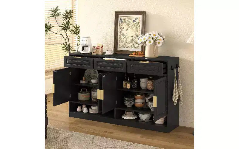 Farmhouse Sideboard Cabinet with 3 Drawers & 4 Doors, Multi-Functional Storage Buffet Cabinet with Adjustable Shelf, Kitchen Pantry Cabinet