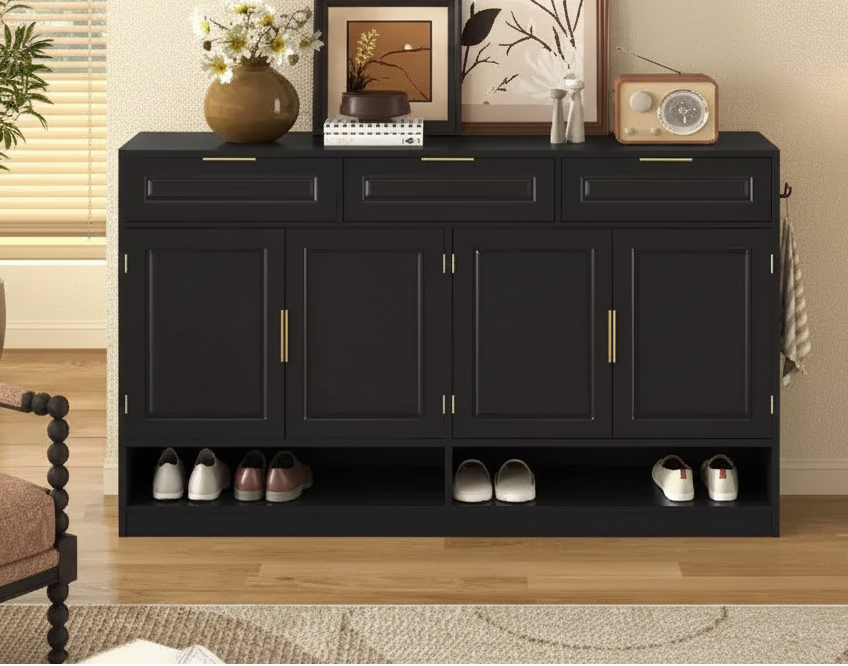 Farmhouse Sideboard Cabinet with 3 Drawers & 4 Doors, Multi-Functional Storage Buffet Cabinet with Adjustable Shelf, Kitchen Pantry Cabinet