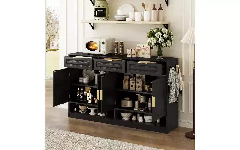 Farmhouse Sideboard Cabinet with 3 Drawers & 4 Doors, Multi-Functional Storage Buffet Cabinet with Adjustable Shelf, Kitchen Pantry Cabinet