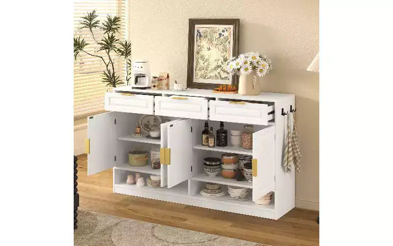 Farmhouse Sideboard Cabinet with 3 Drawers & 4 Doors, Multi-Functional Storage Buffet Cabinet with Adjustable Shelf, Kitchen Pantry Cabinet