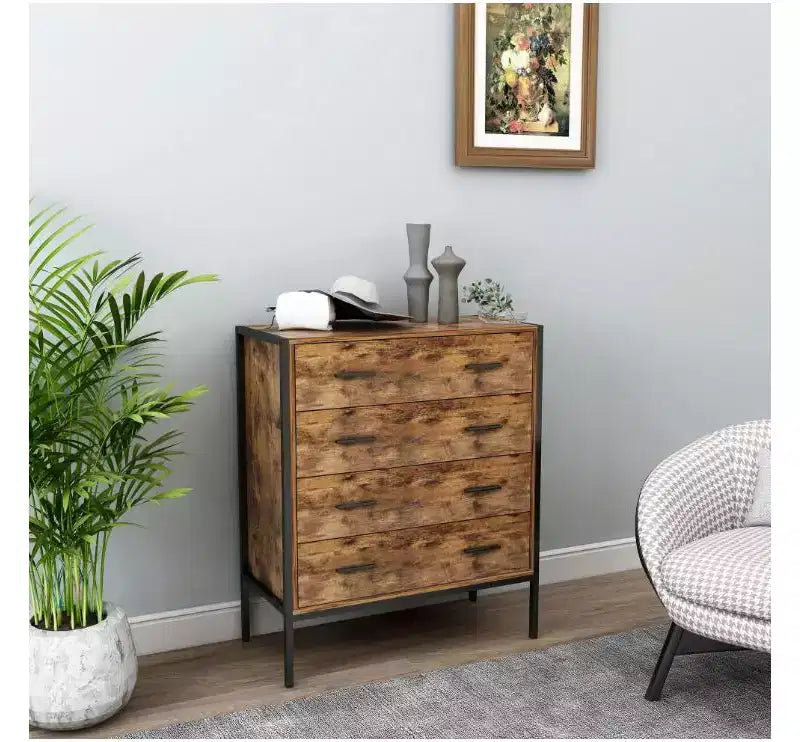 MDF Industrial Style 4-Drawer Dresser, Rustic Brown Wood Storage Organizer with Sturdy Steel Frame