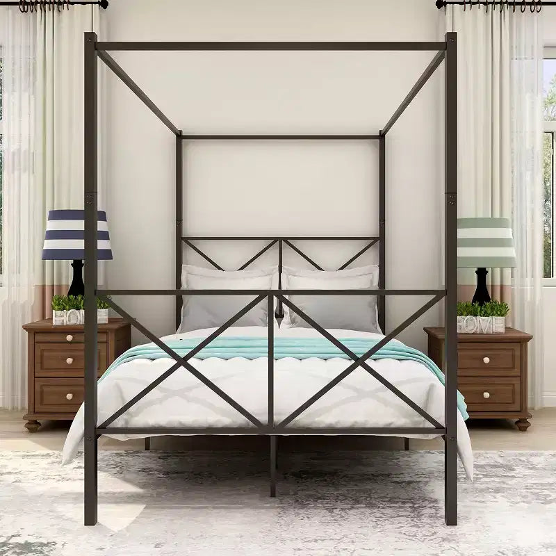 Full Size Metal Canopy Bed Frame with Sturdy Steel Construction, Under-Bed Storage for Guest Room