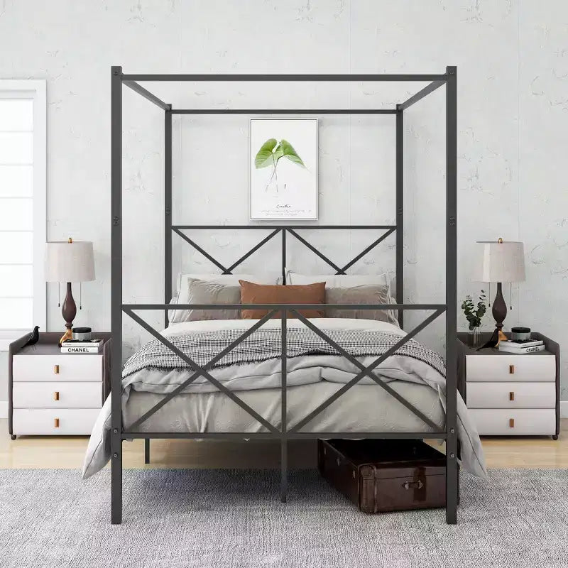 Full Size Metal Canopy Bed Frame with Sturdy Steel Construction, Under-Bed Storage for Guest Room