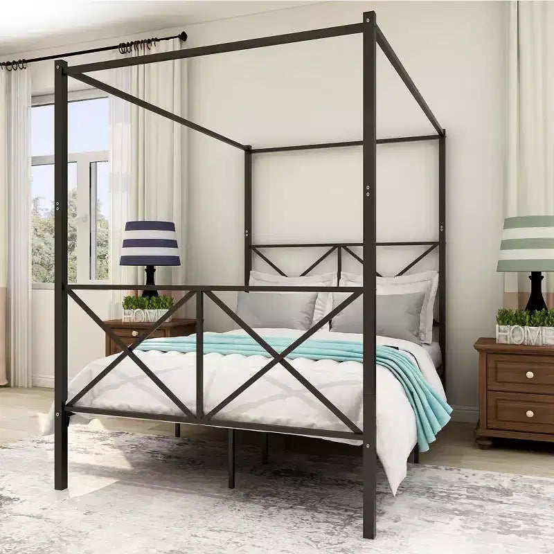 Full Size Metal Canopy Bed Frame with Sturdy Steel Construction, Under-Bed Storage for Guest Room