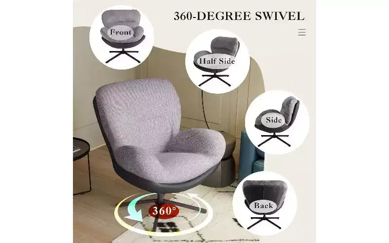 360 Swivel Chair Ergonomic Office Chair, Chenille & Faux Leather Home Office Desk Chair with Black Metal Base, Modern Vanity Chair