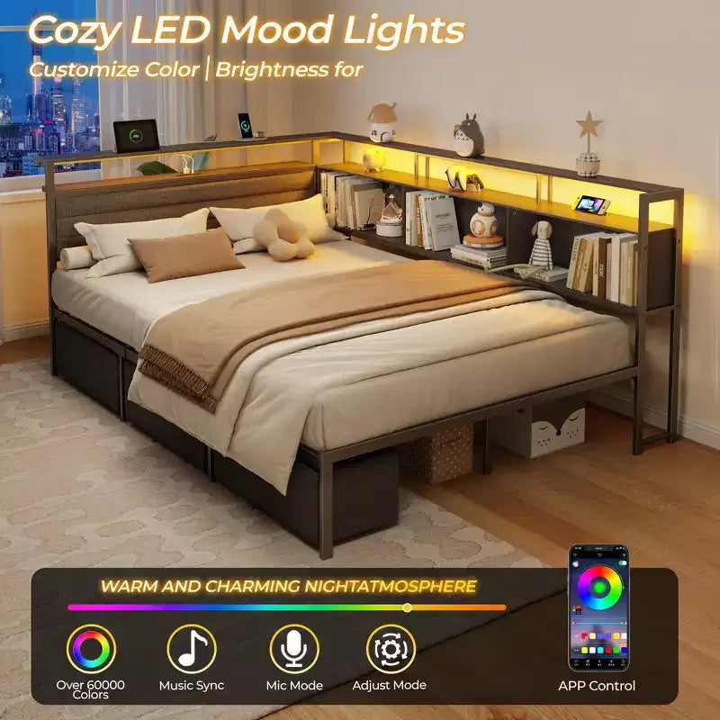 Black Full Bed Frame with LED Lights Charging Station Storage Bookcase 3 Drawers Upholstered Headboard Corner Daybed No Box Spring Support