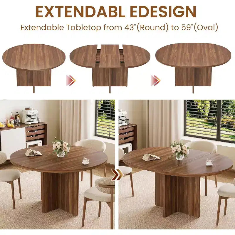 Extendable Oval Dining Table for 4-8, 59 Walnut Kitchen Table, Space-Saving Round to Oval Design for Dining Room or Kitchen