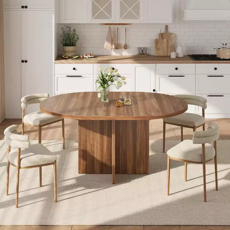 Extendable Oval Dining Table for 4-8, 59 Walnut Kitchen Table, Space-Saving Round to Oval Design for Dining Room or Kitchen