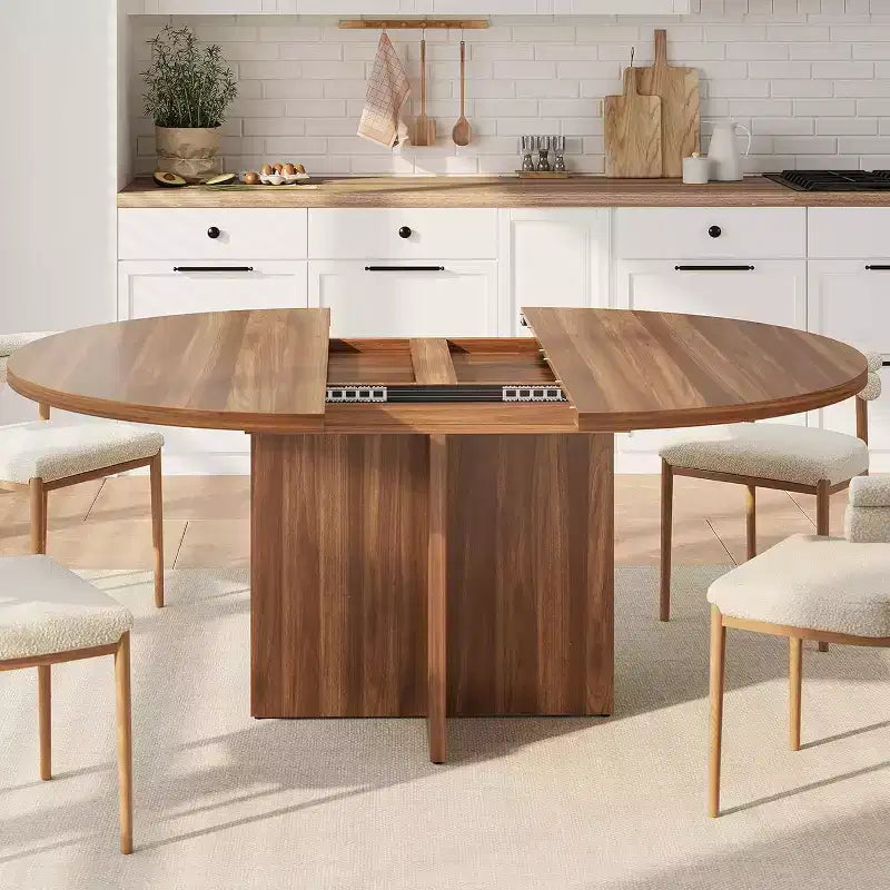 Extendable Oval Dining Table for 4-8, 59 Walnut Kitchen Table, Space-Saving Round to Oval Design for Dining Room or Kitchen