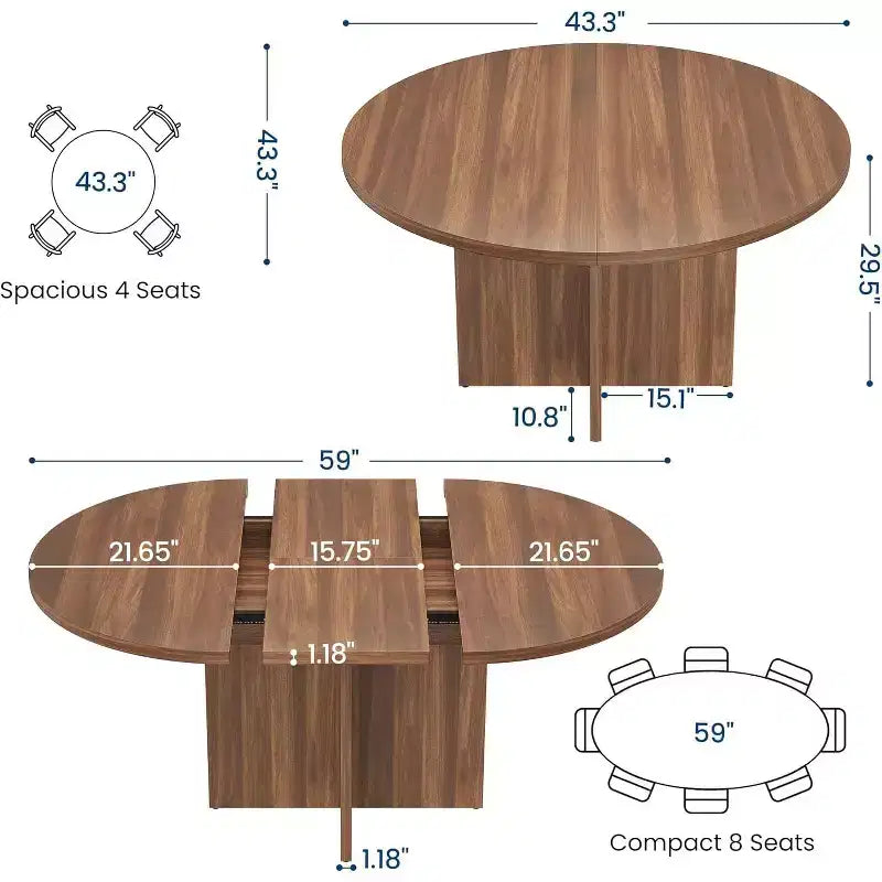 Extendable Oval Dining Table for 4-8, 59 Walnut Kitchen Table, Space-Saving Round to Oval Design for Dining Room or Kitchen