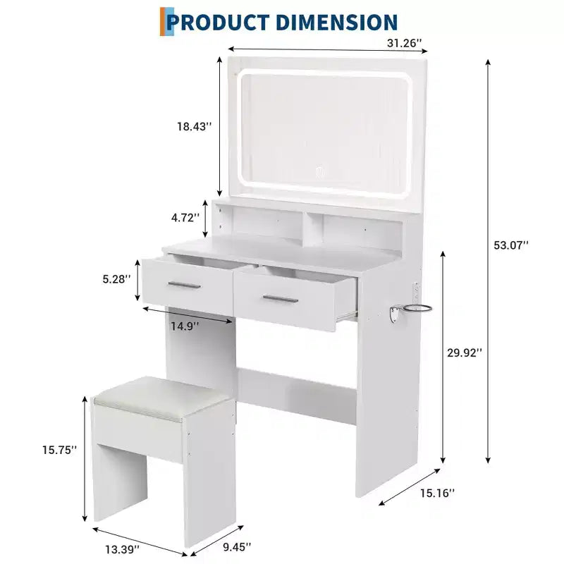 White Vanity Desk with Mirror Drawers and Stool