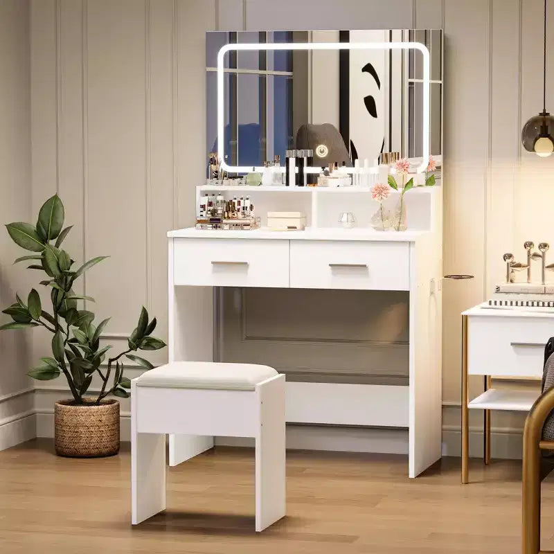 White Vanity Desk with Mirror Drawers and Stool
