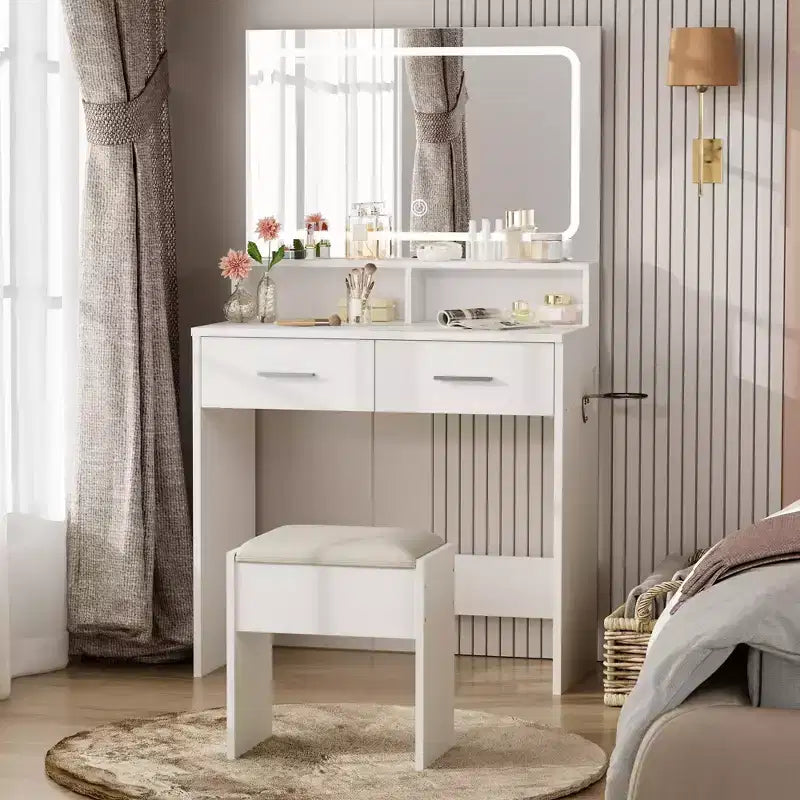 White Vanity Desk with Mirror Drawers and Stool