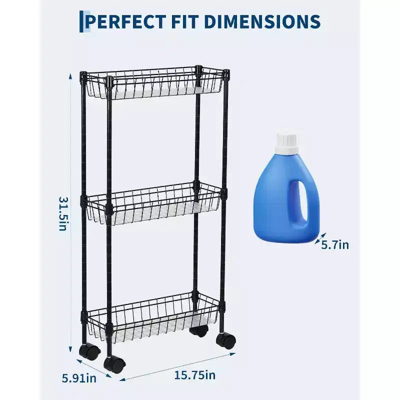 3 Tier Slim Rolling Storage Cart,Metal Utility Cart with Wheels, Adjustable Shelving Unit Basket for Kitchen Bathroom Laundry Room Narrow Corner