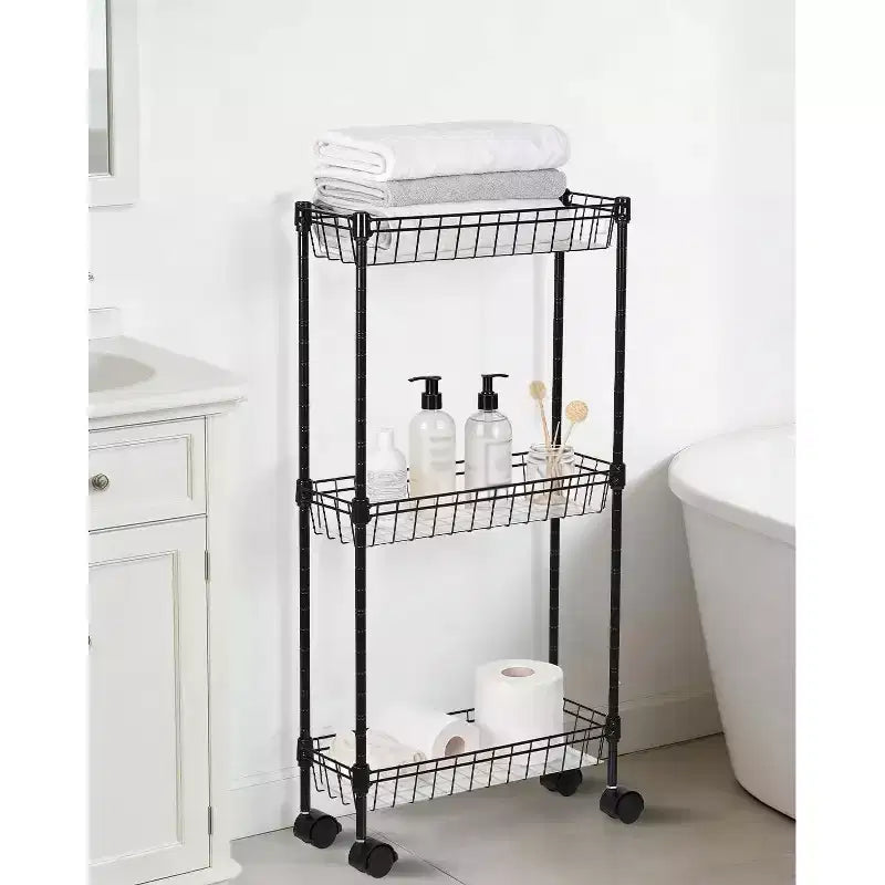 3 Tier Slim Rolling Storage Cart,Metal Utility Cart with Wheels, Adjustable Shelving Unit Basket for Kitchen Bathroom Laundry Room Narrow Corner