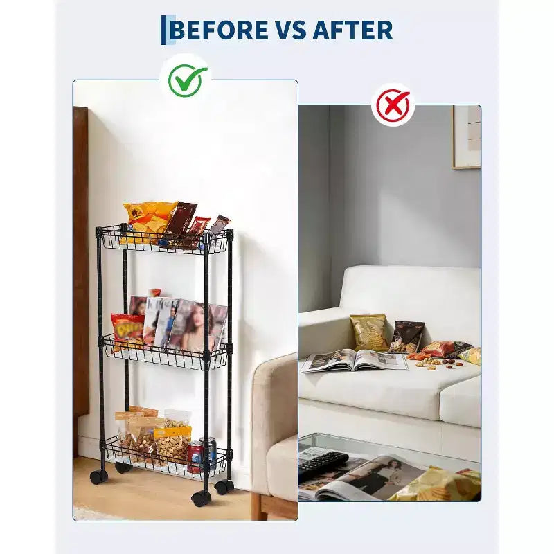 3 Tier Slim Rolling Storage Cart,Metal Utility Cart with Wheels, Adjustable Shelving Unit Basket for Kitchen Bathroom Laundry Room Narrow Corner
