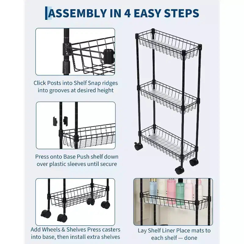 3 Tier Slim Rolling Storage Cart,Metal Utility Cart with Wheels, Adjustable Shelving Unit Basket for Kitchen Bathroom Laundry Room Narrow Corner