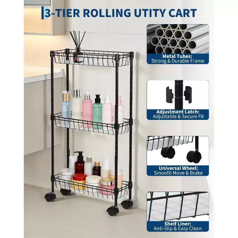 3 Tier Slim Rolling Storage Cart,Metal Utility Cart with Wheels, Adjustable Shelving Unit Basket for Kitchen Bathroom Laundry Room Narrow Corner