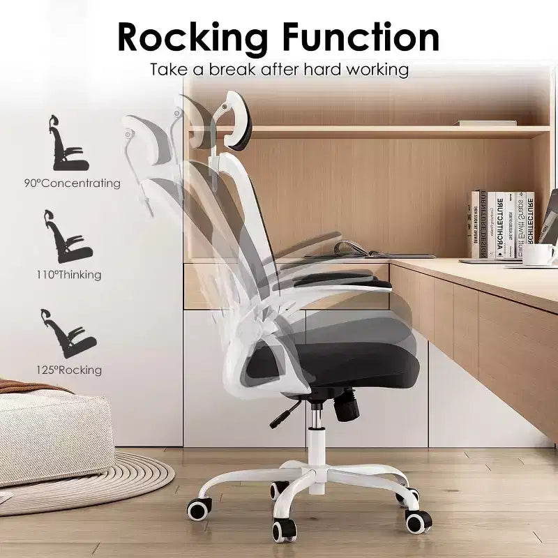 Ergonomic Office Chair, Swivel Computer Desk Chairs with Adjustable Lumbar Support, Flip-Up Arms, Headrest & Mesh Back for Home, Bedroom