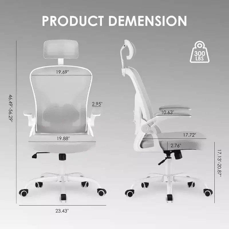 Ergonomic Office Chair, Swivel Computer Desk Chairs with Adjustable Lumbar Support, Flip-Up Arms, Headrest & Mesh Back for Home, Bedroom