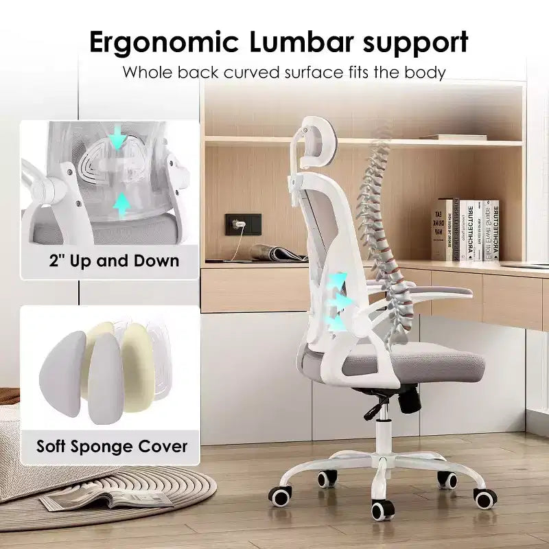 Ergonomic Office Chair, Swivel Computer Desk Chairs with Adjustable Lumbar Support, Flip-Up Arms, Headrest & Mesh Back for Home, Bedroom