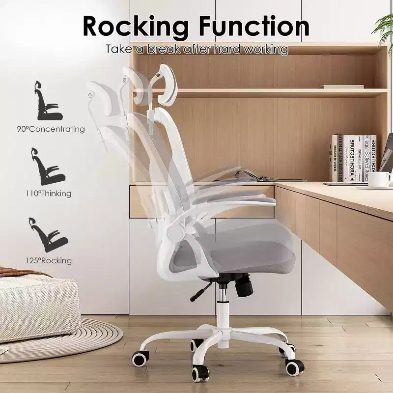 Ergonomic Office Chair, Swivel Computer Desk Chairs with Adjustable Lumbar Support, Flip-Up Arms, Headrest & Mesh Back for Home, Bedroom