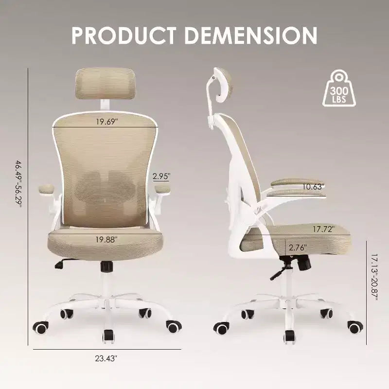 Ergonomic Office Chair, Swivel Computer Desk Chairs with Adjustable Lumbar Support, Flip-Up Arms, Headrest & Mesh Back for Home, Bedroom