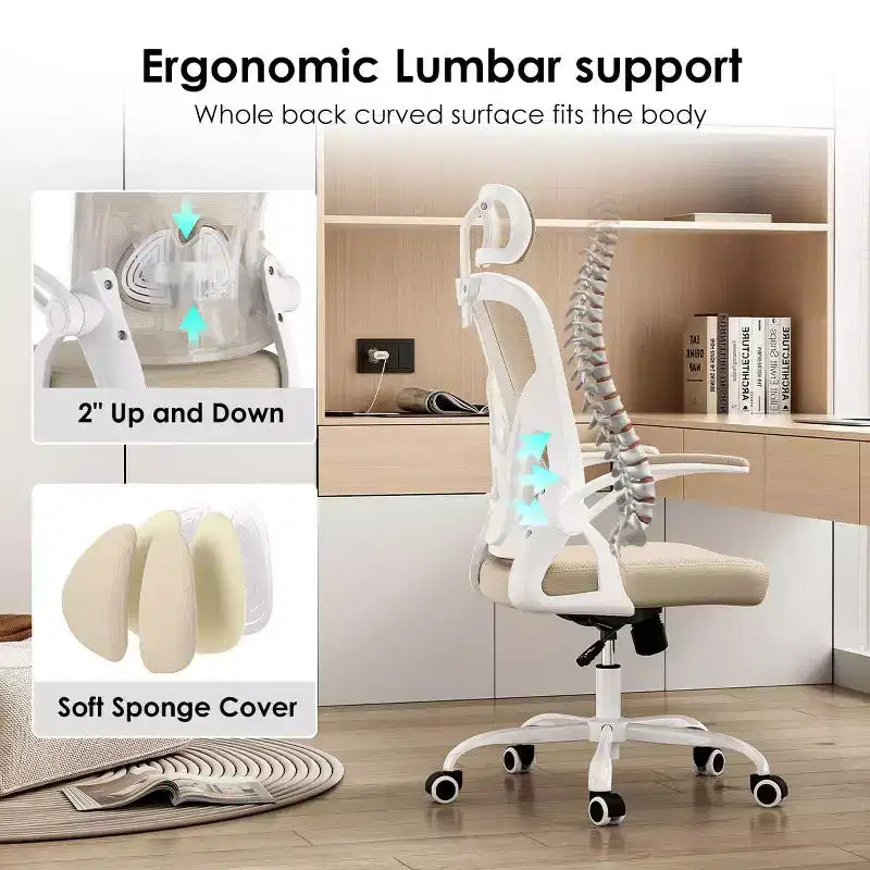 Ergonomic Office Chair, Swivel Computer Desk Chairs with Adjustable Lumbar Support, Flip-Up Arms, Headrest & Mesh Back for Home, Bedroom