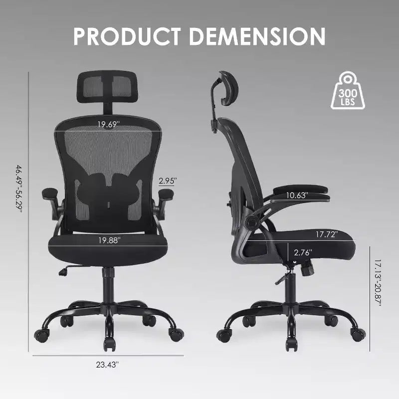 Ergonomic Office Chair, Swivel Computer Desk Chairs with Adjustable Lumbar Support, Flip-Up Arms, Headrest & Mesh Back for Home, Bedroom