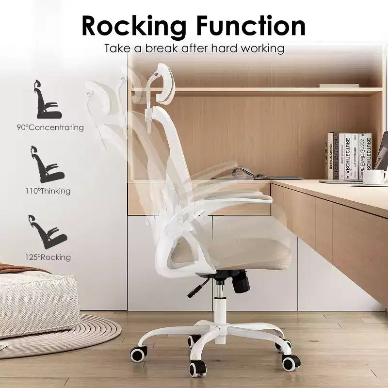 Ergonomic Office Chair, Swivel Computer Desk Chairs with Adjustable Lumbar Support, Flip-Up Arms, Headrest & Mesh Back for Home, Bedroom