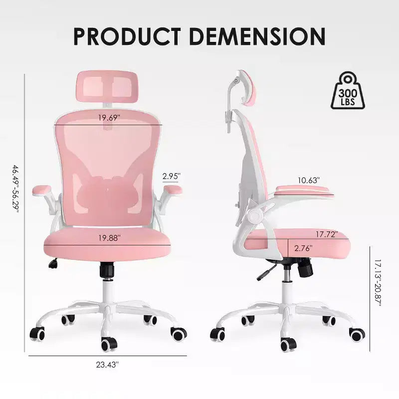 Ergonomic Office Chair, Swivel Computer Desk Chairs with Adjustable Lumbar Support, Flip-Up Arms, Headrest & Mesh Back for Home, Bedroom