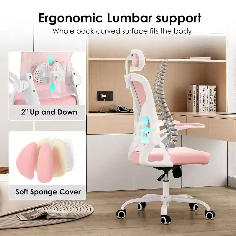 Ergonomic Office Chair, Swivel Computer Desk Chairs with Adjustable Lumbar Support, Flip-Up Arms, Headrest & Mesh Back for Home, Bedroom