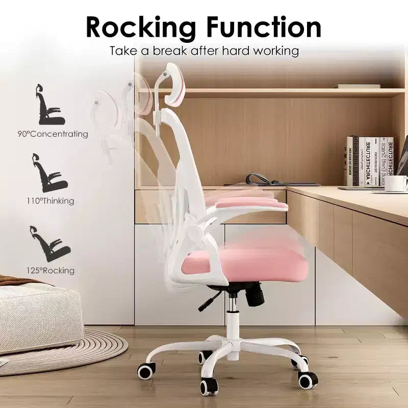 Ergonomic Office Chair, Swivel Computer Desk Chairs with Adjustable Lumbar Support, Flip-Up Arms, Headrest & Mesh Back for Home, Bedroom