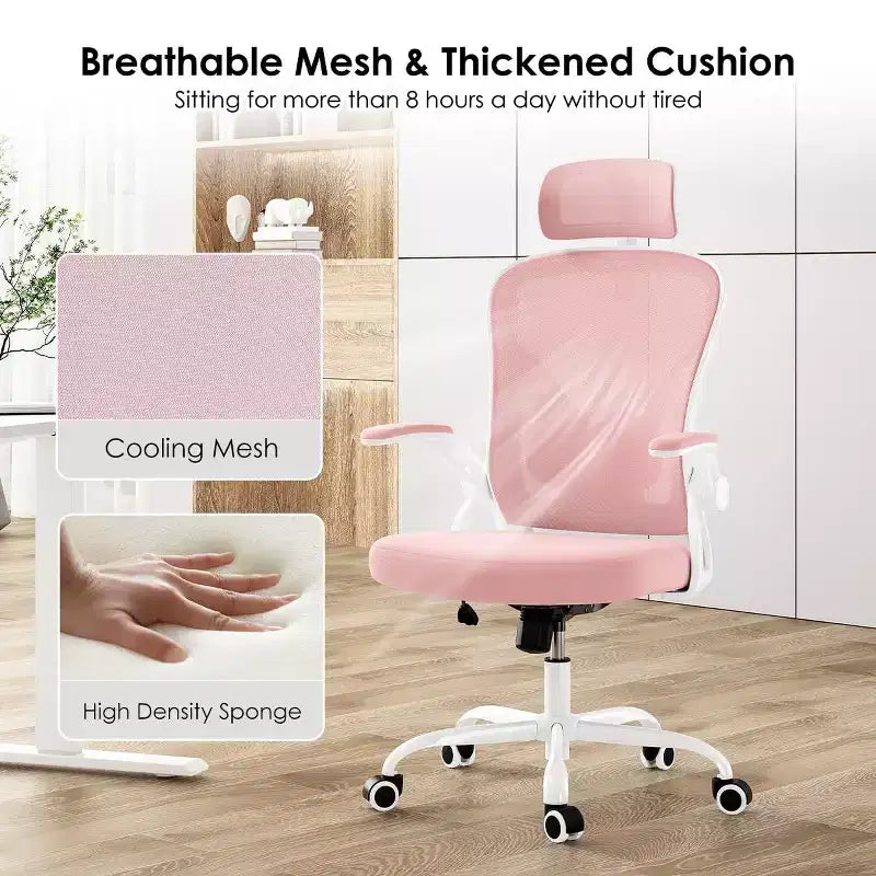 Ergonomic Office Chair, Swivel Computer Desk Chairs with Adjustable Lumbar Support, Flip-Up Arms, Headrest & Mesh Back for Home, Bedroom