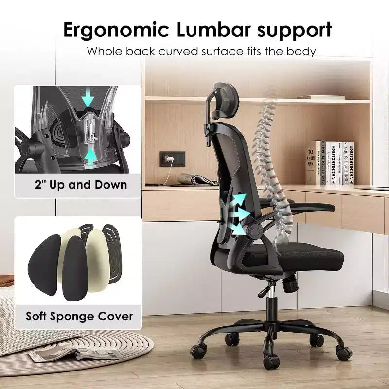 Ergonomic Office Chair, Swivel Computer Desk Chairs with Adjustable Lumbar Support, Flip-Up Arms, Headrest & Mesh Back for Home, Bedroom