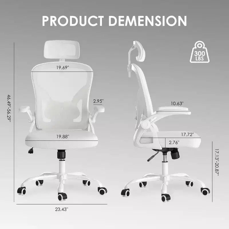 Ergonomic Office Chair, Swivel Computer Desk Chairs with Adjustable Lumbar Support, Flip-Up Arms, Headrest & Mesh Back for Home, Bedroom