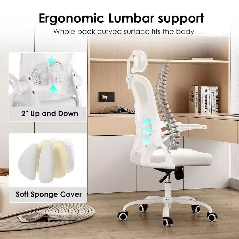 Ergonomic Office Chair, Swivel Computer Desk Chairs with Adjustable Lumbar Support, Flip-Up Arms, Headrest & Mesh Back for Home, Bedroom