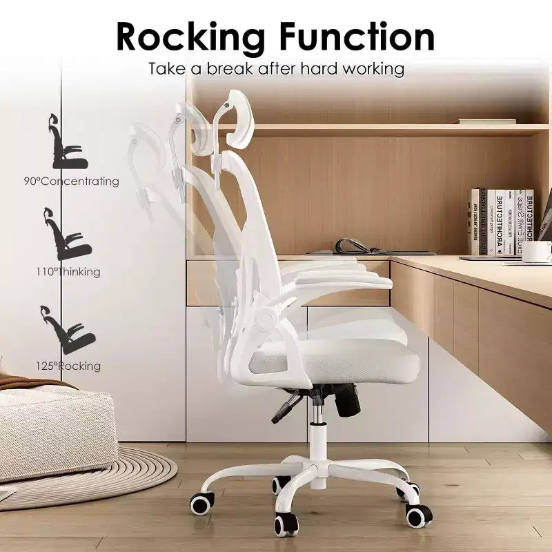 Ergonomic Office Chair, Swivel Computer Desk Chairs with Adjustable Lumbar Support, Flip-Up Arms, Headrest & Mesh Back for Home, Bedroom